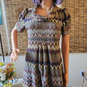 Multicolor Cowl Neck Pattern Short Sleeve Dress